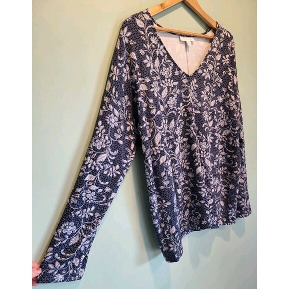 Pure J Jill Eco Terry Blue Floral Long Sleeve V Neck Stretchy Super Soft Top XL - Picture 3 of 6